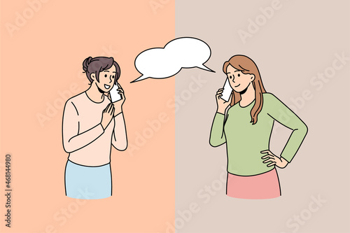 Happy women talk chat on smartphone gadget, enjoy pleasant conversation. Smiling girls speak on cellphone call online. Communication, technology concept. Vector illustration, cartoon character. 