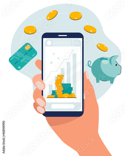 Business investment, money saving and management, financial trade design concept. Hand with smartphone, growing profit chart, piggy bank, gold coins, banknotes. Vector illustration.