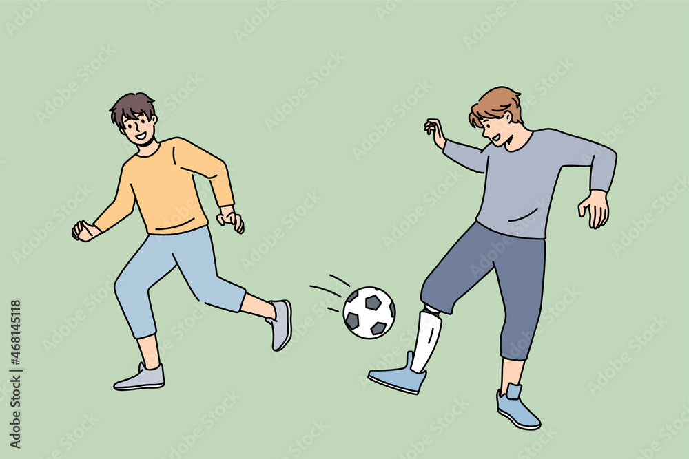 Smiling boy with prosthesis leg play football with friend in yard. Happy disabled kid have fun engaged in ball game activity. Hobby. Healthcare and equality concept. Flat vector illustration. 