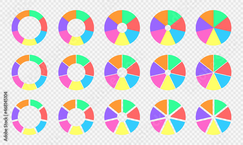 Colorful pie and donut charts divided in 7 sections. Circle diagrams, infographic wheels set. Round shapes cut in seven equal parts isolated on transparent background. Vector flat illustration. photo