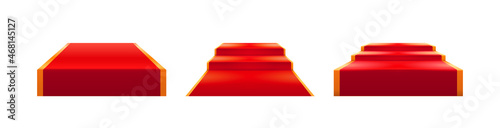 Podiums or pedestals with steps and red carpet material, isolated set of place for presentation or ceremony of awards. Advertising and marketing, platform with stairs, contemporary scenes vector