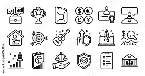 Development plan, Justice scales and Business portfolio line icons set. Secure shield and Money currency exchange. Victory, Canister oil and Certificate icons. Vector