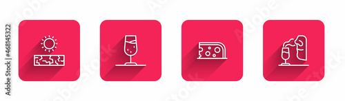 Set line Drought, Wine glass, Cheese and Sommelier with long shadow. Red square button. Vector