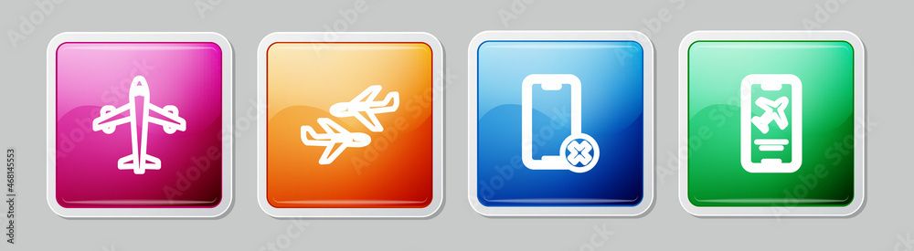 Set line Plane, , No cell phone and Mobile with ticket. Colorful square button. Vector