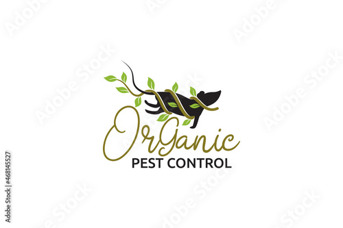 organic pest control logo with a mouse wrapped around a plant.