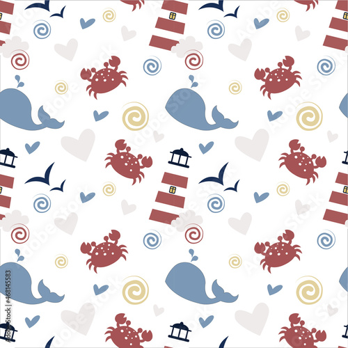 Vector cute seamless pattern with lighthouse, seagull, crab in Scandinavian style for fabrics, paper, textile, gift wrap isolated on white background