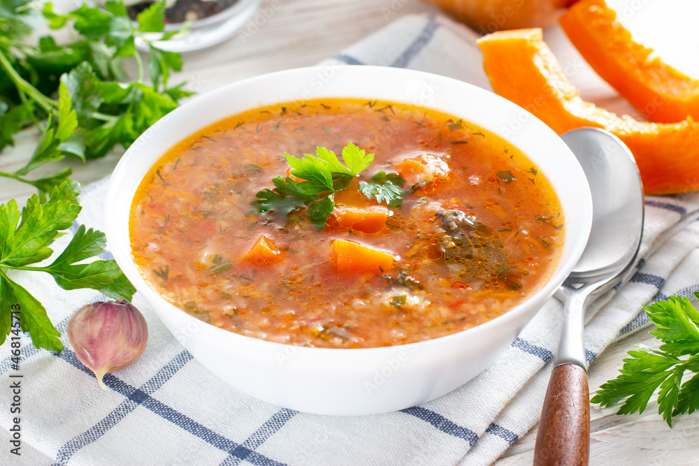 Soup with pumpkin and vegetables. Healthy food, food for children.
