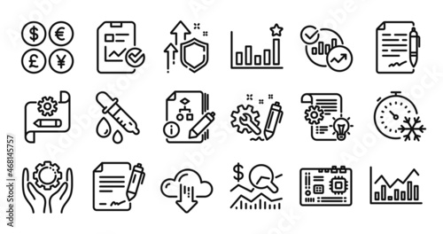 Agreement document, Infochart and Cogwheel blueprint line icons set. Secure shield and Money currency exchange. Employee hand, Statistics and Freezing timer icons. Vector