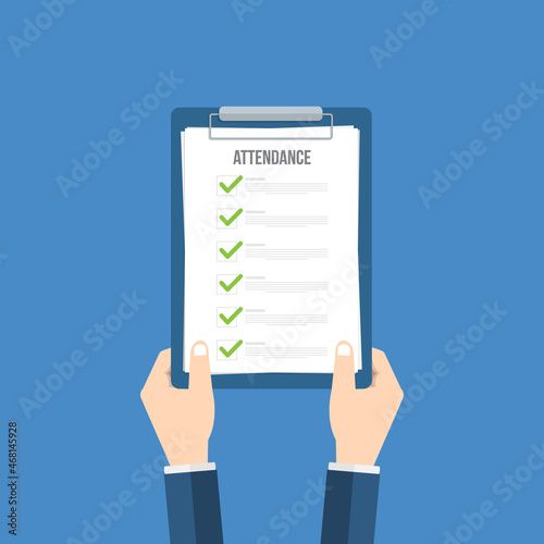 Man hold Attendance clipboard with checklist. Questionnaire, survey, clipboard, task list. Flat design,