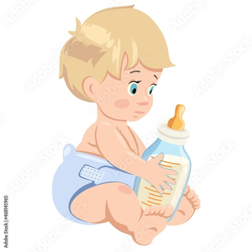 Cute little baby with bottle of milk