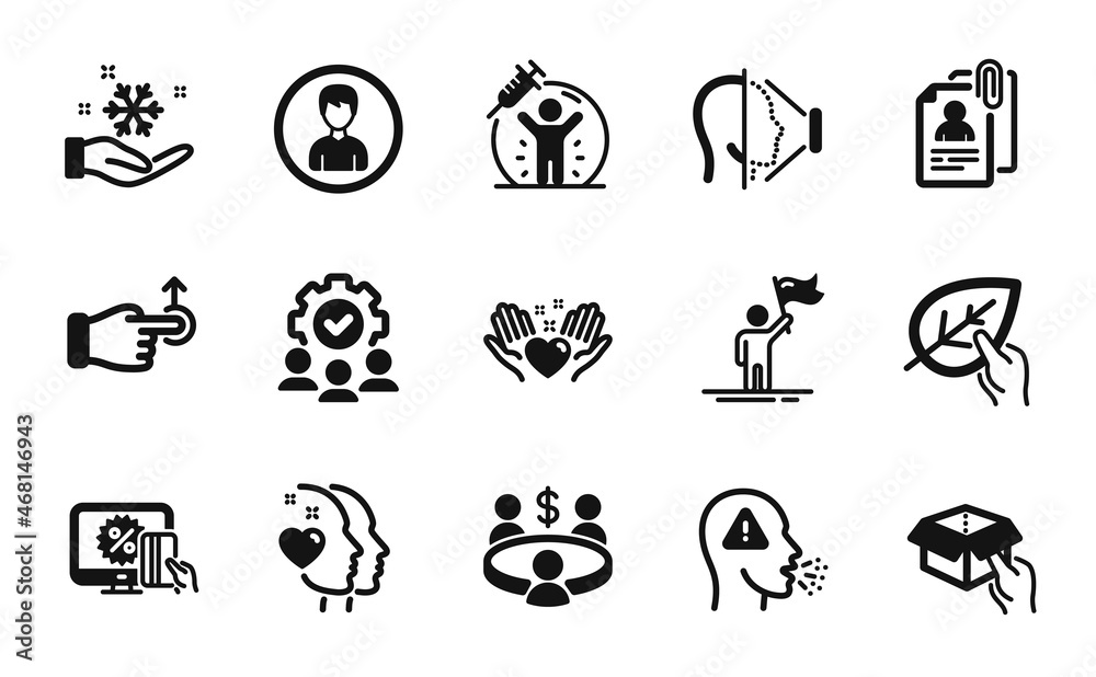 Vector set of Drag drop, Online shopping and Heart icons simple set. Face id, Freezing and Vaccine protection icons. Interview documents, Leadership and Meeting signs. Vector