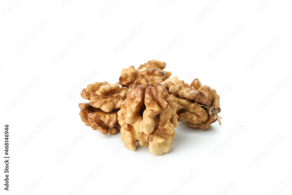 Peeled walnuts isolated on white background, close up Peeled walnuts isolated on white background, close up