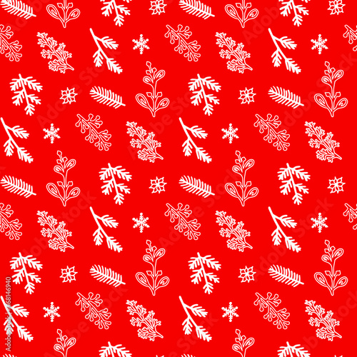Winter red background with white hand drawn spruce branches