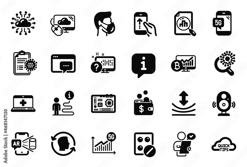 Vector Set of Science icons related to Coronavirus report, Augmented reality and Motherboard icons. Cloud network, Medical help and Analytics graph signs. Info bubble, journey path. Vector Vector Set of Science icons related to Coronavirus report, Augmented reality and Motherboard icons. Cloud network, Medical help and Analytics graph signs. Info bubble, journey path. Vector