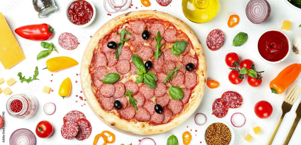 Concept of tasty food with Salami pizza on white background Concept of tasty food with Salami pizza on white background