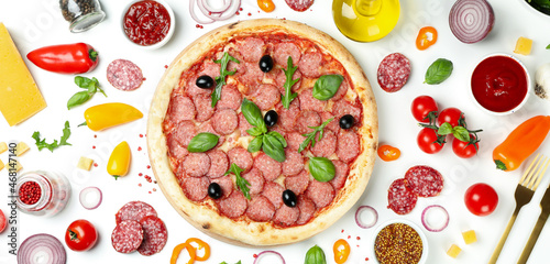Concept of tasty food with Salami pizza on white background