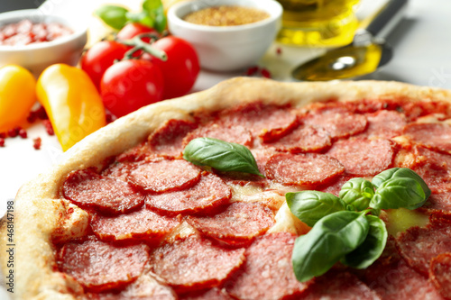 Concept of tasty food with Salami pizza, close up