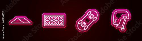 Set line Skate park, Skateboard wheel, and helmet. Glowing neon icon. Vector