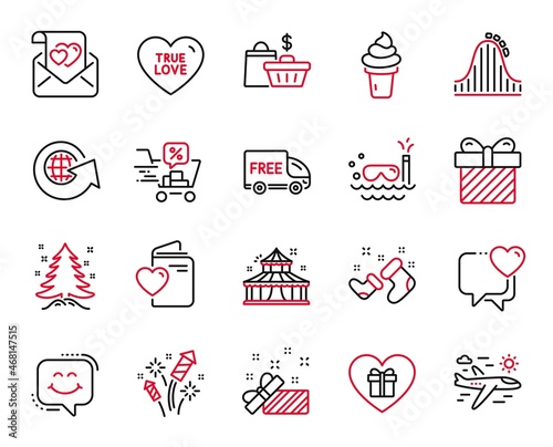 Vector Set of Holidays icons related to Romantic gift, Smile chat and Santa boots icons. Christmas tree, Sale bags and Surprise signs. Scuba diving, Discounts cart and Circus. World globe. Vector