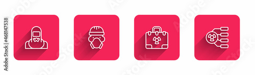 Set line Nuclear reactor worker, , Radiation nuclear suitcase and Radioactive with long shadow. Red square button. Vector