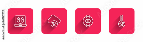 Set line Nuclear laptop, Acid rain and radioactive cloud, Atom and Meteorology thermometer with long shadow. Red square button. Vector