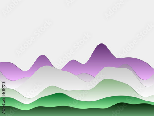 Abstract mountains background. Curved layers in purple red green colors. Papercut style hills. Attractive vector illustration.