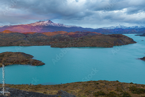 lake and mountains; aerial view of emeral green lake Lago Pehoe in Torres del Paine National Park, Chile 