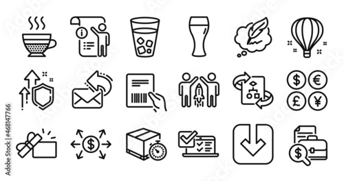Beer glass, Opened gift and Online survey line icons set. Secure shield and Money currency exchange. Cafe creme, Parcel invoice and Share mail icons. Partnership, Air balloon and Ice tea signs. Vector