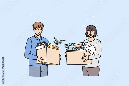 Smiling diverse employees with boxes with personal belongings settle at new workplace. Happy newcomers job candidates relocate move to office. Employment, recruitment. Vector illustration. 