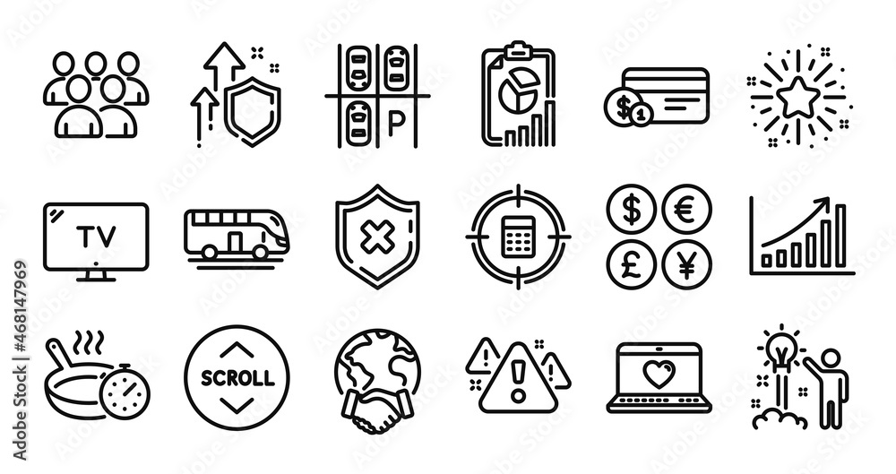 Group, Graph chart and Global business line icons set. Secure shield and Money currency exchange. Reject protection, Calculator target and Web love icons. Vector