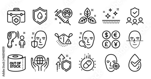 People insurance  Problem skin and Blood donation line icons set. Secure shield and Money currency exchange. Electronic thermometer  Dog vaccination and Fair trade icons. Vector