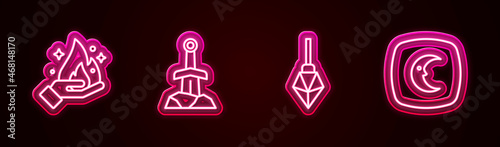 Set line Hand holding fire, Sword the stone, Magic and Moon stars. Glowing neon icon. Vector