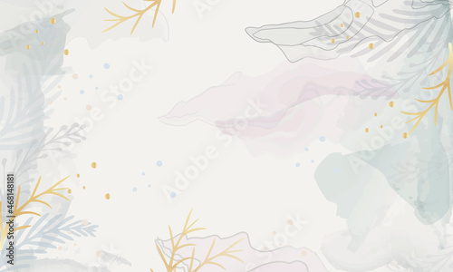 Winter Abstract background vector. Watercolor and gold brush texture  Flower and botanical leaves.