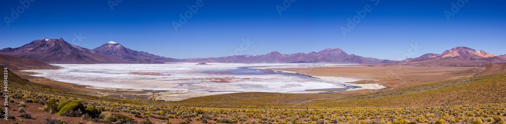 Panorama image of the salt lake Salar Surire surrounded by volcano's in the high Andes of northern Chile