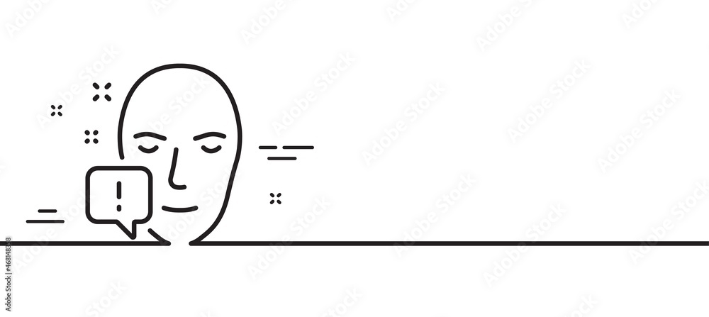 Face attention line icon. Exclamation mark sign. Facial identification info symbol. Minimal line illustration background. Face attention line icon pattern banner. White web template concept. Vector Face attention line icon. Exclamation mark sign. Facial identification info symbol. Minimal line illustration background. Face attention line icon pattern banner. White web template concept. Vector