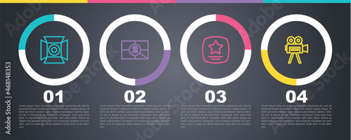 Set line Movie spotlight, Old film movie countdown frame, Walk of fame star and Retro cinema camera. Business infographic template. Vector