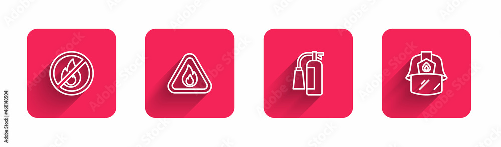Set line No fire, Fire flame in triangle, extinguisher and Firefighter helmet with long shadow. Red square button. Vector Set line No fire, Fire flame in triangle, extinguisher and Firefighter helmet with long shadow. Red square button. Vector