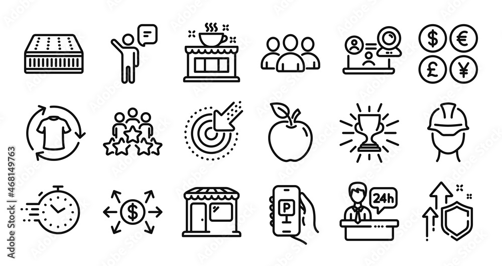 Business meeting, Mattress and Dollar exchange line icons set. Secure shield and Money currency exchange. Video conference, Apple and Coffee shop icons. Parking app, Group and Agent signs. Vector