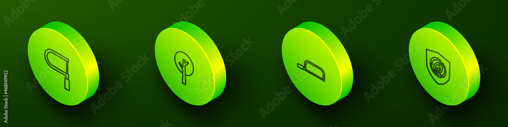 Set Isometric line Hacksaw, Tree, and Wooden logs icon. Vector Set Isometric line Hacksaw, Tree, and Wooden logs icon. Vector