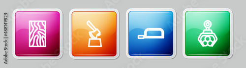 Set line Wooden beam, axe in stump, Hacksaw and Grapple crane grabbed log. Colorful square button. Vector