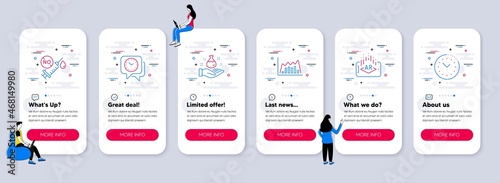 Set of Science icons, such as Infographic graph, Clock, Chemistry lab icons. UI phone app screens with teamwork. Augmented reality, Coronavirus vaccine, Time management line symbols. Vector
