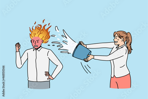 Woman pour water to male colleague head burning in flames suffering from burnout at work. Female calm down man coworker, thinking brainstorming heavily. Job stress. Vector illustration. 