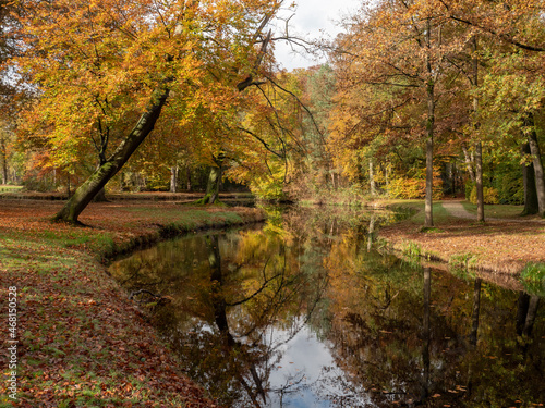 Autumn park with trees and lake at park Groeneveld in Baarn, the Netherlands