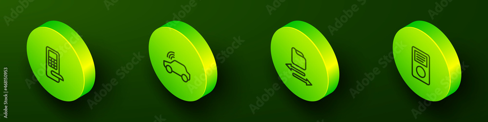 Set Isometric line Digital door lock, Smart car system, Transfer files and Music player icon. Vector Set Isometric line Digital door lock, Smart car system, Transfer files and Music player icon. Vector