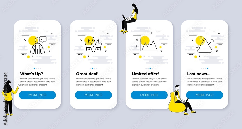 Set of Finance icons, such as Vip shopping, Diagram, Crown icons. UI phone app screens with people. Pyramid chart line symbols. Exclusive privilege, Growth graph, Monarchy king. Vector