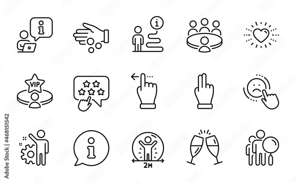 People icons set. Included icon as Ranking star, Click hand, Champagne glasses signs. Donation money, Search people, Meeting symbols. Employee, Vip table, Touchscreen gesture. Heart. Vector