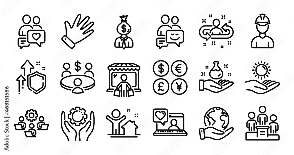 Recruitment, Friends chat and Meeting line icons set. Secure shield and Money currency exchange. Employee hand, Foreman and Save planet icons. Chemistry lab, Market buyer and New house signs. Vector