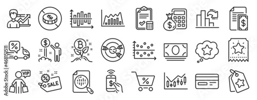 Set of Finance icons, such as Loyalty ticket, No cash, Delivery discount icons. Success business, Sale, Income money signs. Decreasing graph, Analytics chart, Targeting. Payment, Dot plot. Vector