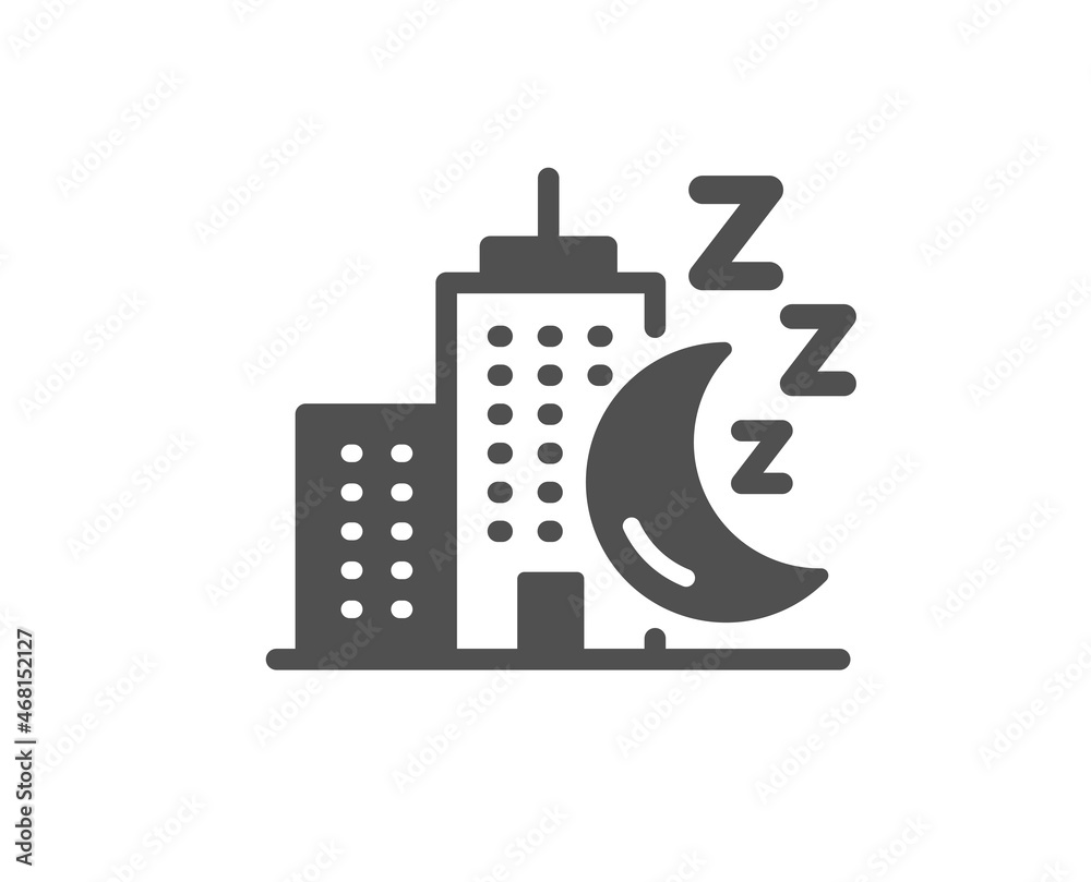 Night city quality icon. Skyscraper sleep sign. Building with moon symbol. Classic flat style. Quality design element. Simple night city icon. Vector