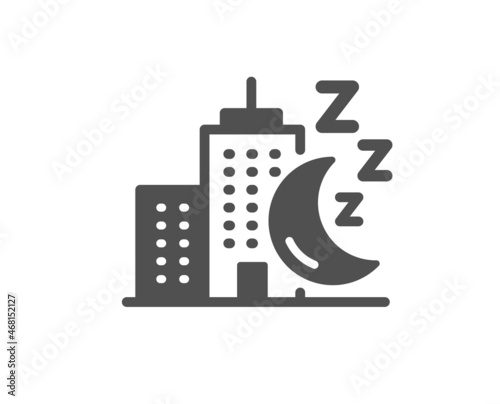 Night city quality icon. Skyscraper sleep sign. Building with moon symbol. Classic flat style. Quality design element. Simple night city icon. Vector